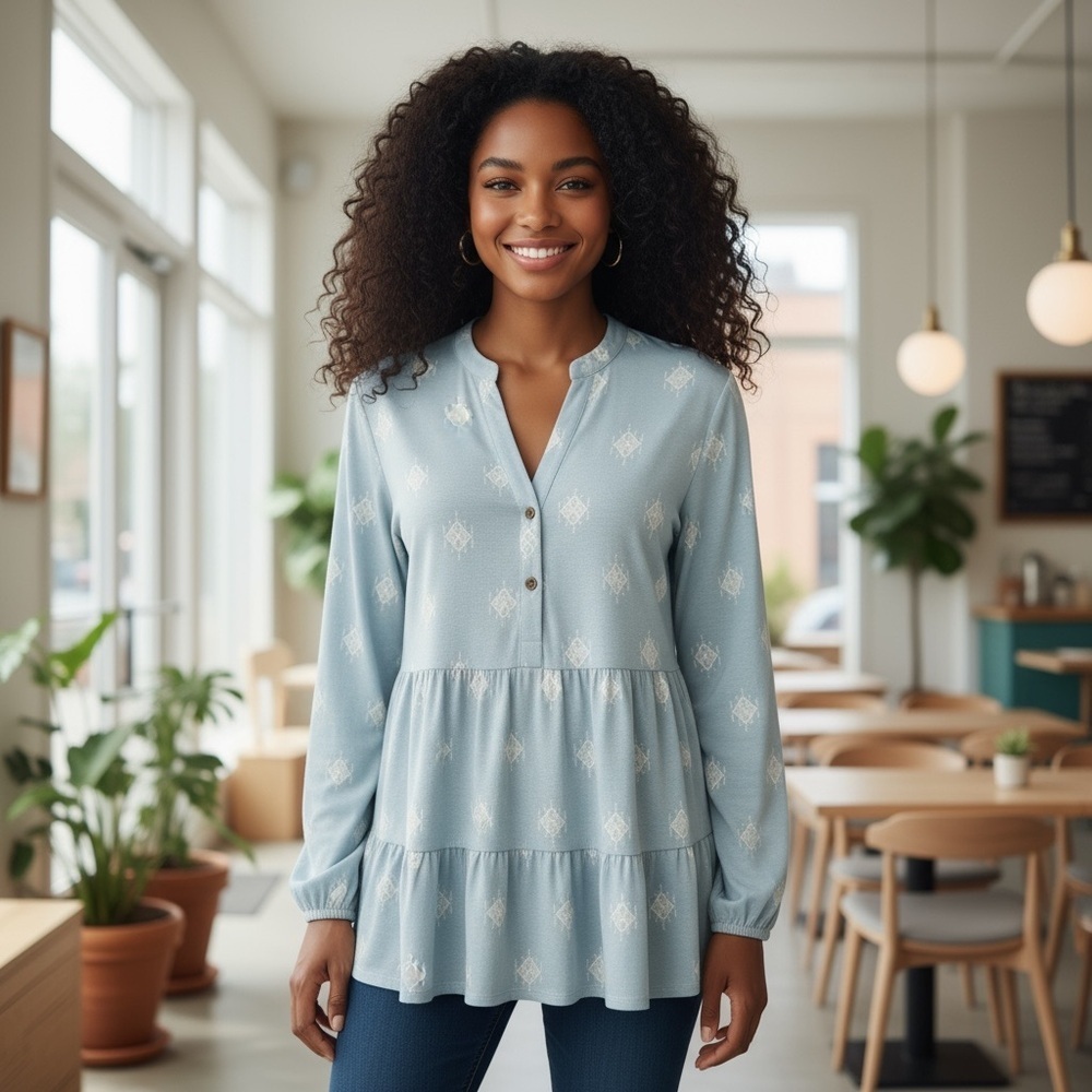 Wonderly Juliana Blue/White Casual Tunic Top Button Down Geometric Design Size L